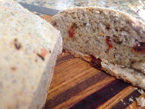 Vegan bread with sun-dried tomatoes, onions, and sage.